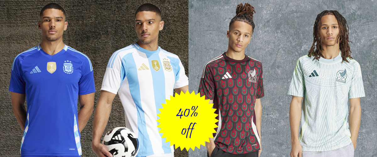 National team jerseys from Mexico and Argentina now on sale at 40% off at Soccer Center